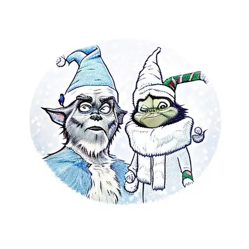 A cartoon portrait of Buddy the Elf and baby grinch with a snow globe featuring a white Christmas movie scene inside tattoo design idea