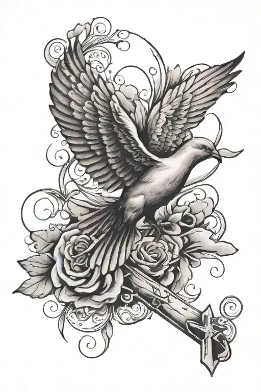 mateo in cursive with dove clouds and cross with roman numerals  tattoo design idea