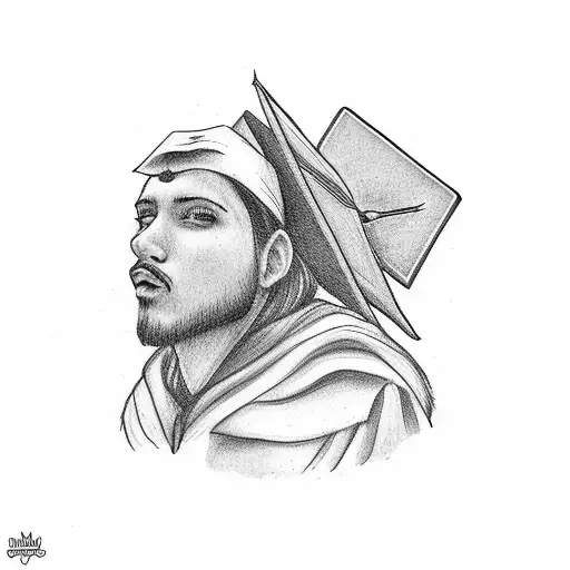 A tattoo of a student wearing a graduation cap and holding a street sign that says 'Saint Eulalie' tattoo design idea