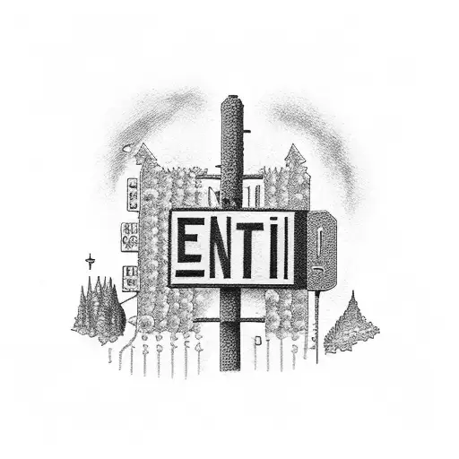 A dotwork tattoo of a street sign that says 'Saint Eulalie' with a group of friends sitting around it tattoo design idea