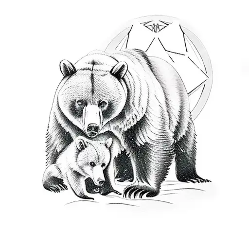 bear protecting bear cub from pack of wolves tattoo design idea