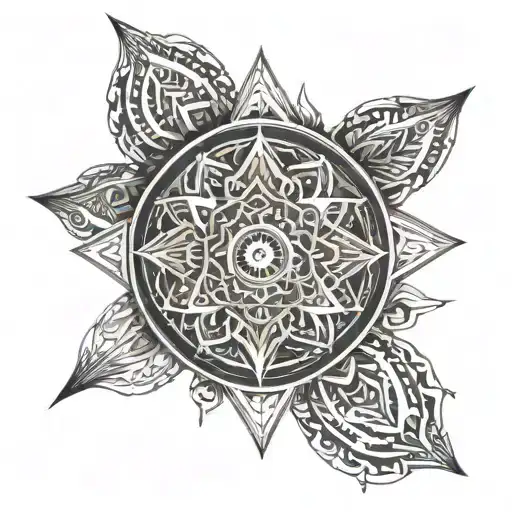 An abstract design of religious symbols forming a powerful mandala, reflecting the fighter's spiritual beliefs tattoo design idea
