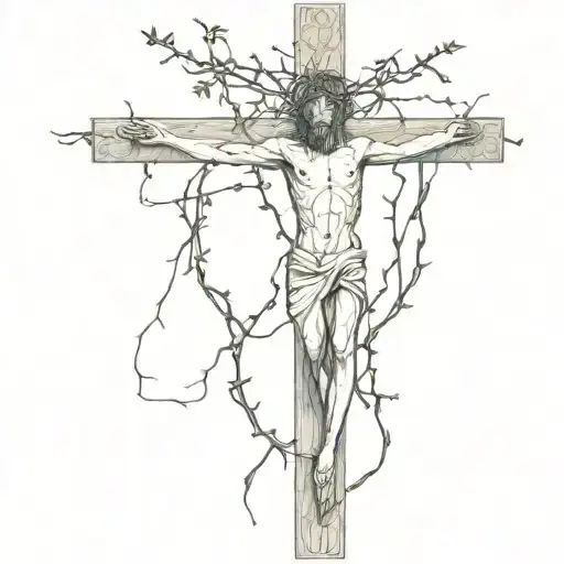 A detailed crucifix intertwined with thorny vines, representing the struggles and sacrifices of a fighter tattoo design idea