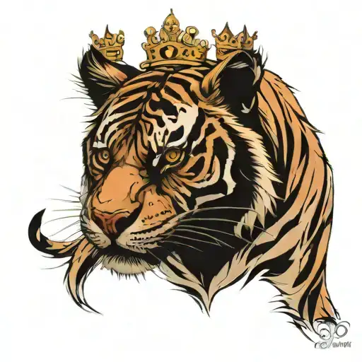 A feral tiger, angry, royal, beautiful, with a crown but not physical tattoo design idea