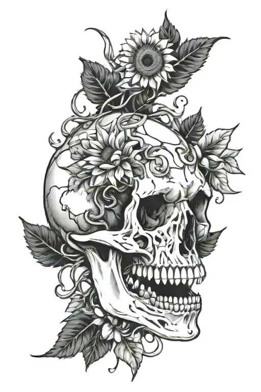 dinosaur skull with sunflowers and vines with thorn intertwined   tattoo design idea