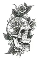 dinosaur skull with sunflowers and vines with thorn intertwined   tattoo design idea