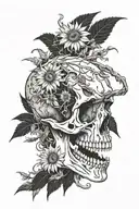 dinosaur skull with sunflowers and vines with thorn intertwined   tattoo design idea