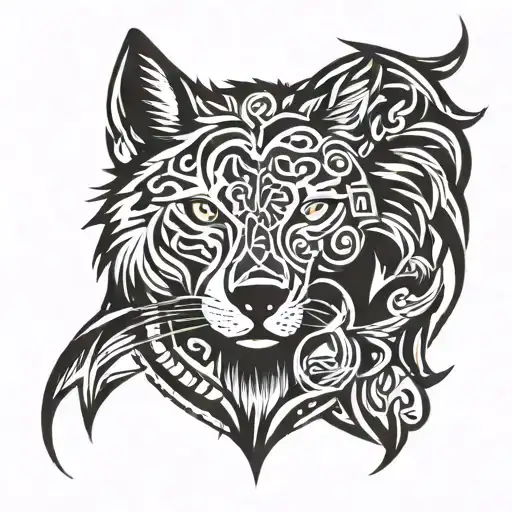 A tribal-inspired tattoo featuring a wolf and lion intertwined in a yin and yang symbol, representing balance and harmony between the client's favorite animals tattoo design idea