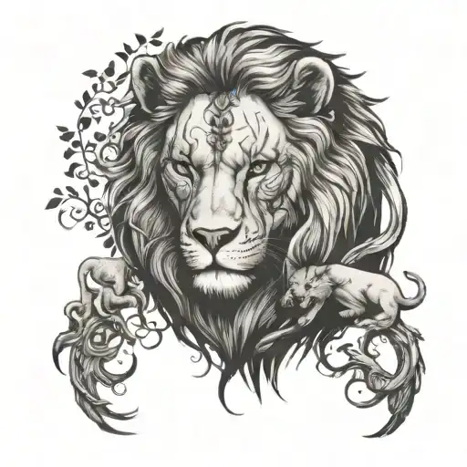 I want a tattoo for my leg, that has a lion, an angel, a crying eye, a tree, and a girl, tattoo design idea