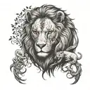 I want a tattoo for my leg, that has a lion, an angel, a crying eye, a tree, and a girl, tattoo design idea