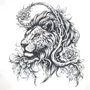 I want a tattoo for my leg, that has a lion, an angel, a crying eye, a tree, and a girl, tattoo design idea