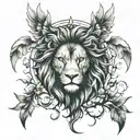 I want a tattoo for my leg, that has a lion, an angel, a crying eye, a tree, and a girl, tattoo design idea