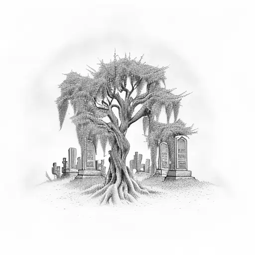 weeping willow hovered over cemetery tattoo design idea