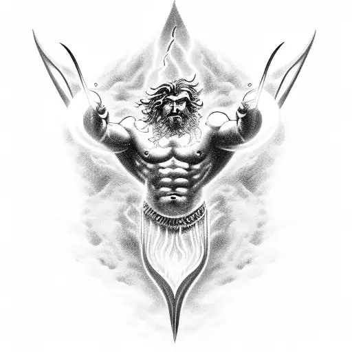A powerful Poseidon emerging from crashing waves, holding a trident made of lightning bolts tattoo design idea