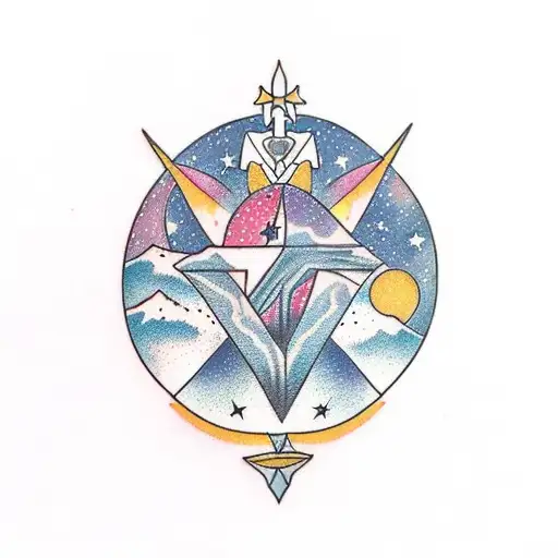 mountain with starsign leo, cancer and Sagittarius in the sky tattoo design idea