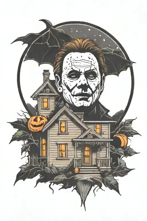 Michael Myers face and house on a dark night with jack-o'-lantern tattoo design idea