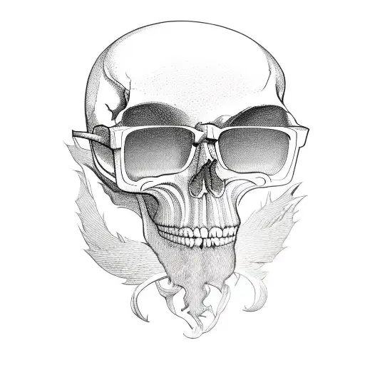 skull with beard with square bottom, sunglasses, hipster haircut tattoo design idea