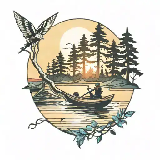 canoe and trees colors sunset tattoo design idea