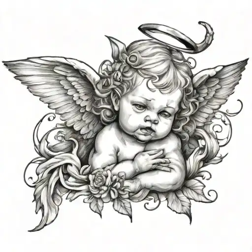 Make a tattoo design of a baby angel with horns that is crying and I have a tattoo of $ADBOYZ tattoo design idea