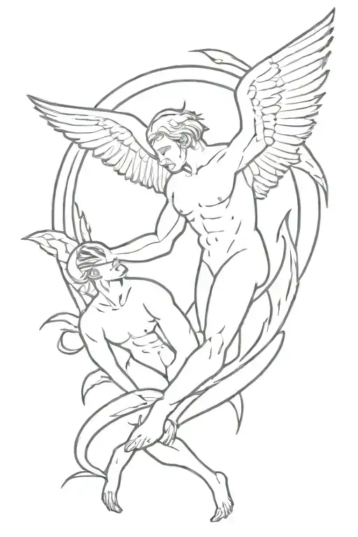 an arch angel grabbing the devil by his wrists and locking with him, flying through space while the Angel showing Fangs tattoo design idea