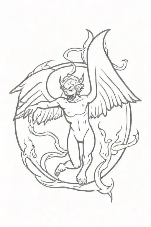 an arch angel - showing Fangs grabbing a devil by his wrists - and locking with him ( flying through space, with flames) tattoo design idea