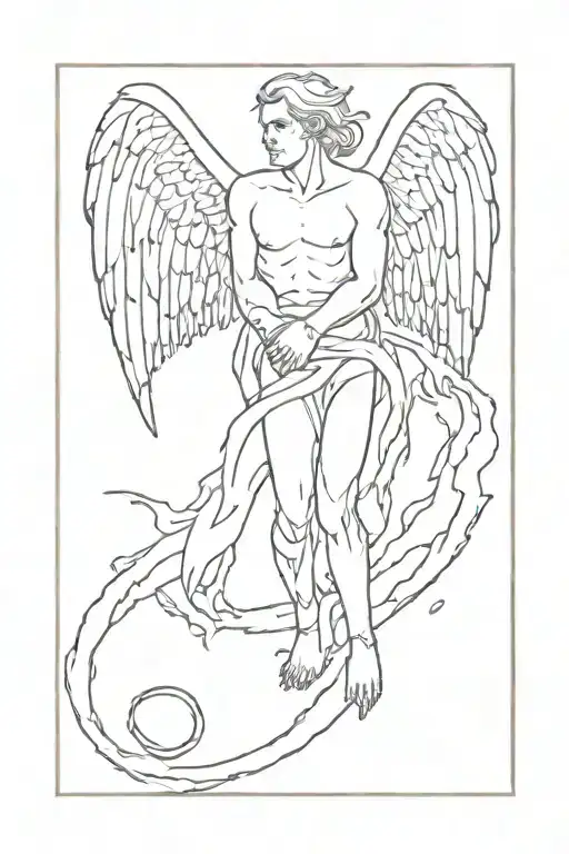 an arch angel - showing Fangs grabbing a - devil by his wrists and locking with him ( flying through space, with flames) tattoo design idea