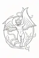 an arch angel - showing Fangs grabbing a devil by his wrists - and locking with him ( flying through space, with flames) tattoo design idea