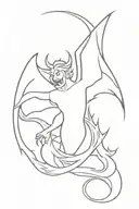 an arch angel - showing Fangs grabbing a devil by his wrists - and locking with him ( flying through space, with flames) tattoo design idea