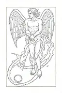 an arch angel - showing Fangs grabbing a - devil by his wrists and locking with him ( flying through space, with flames) tattoo design idea