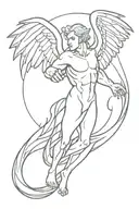 an arch angel - showing Fangs grabbing a - devil by his wrists and locking with him ( flying through space, with flames) tattoo design idea