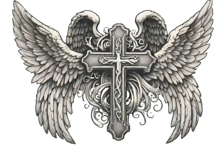Angel Wings with a cross and two hands holding tattoo design idea