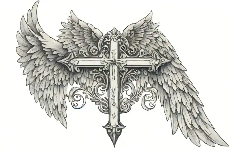 Angel Wings with a cross and two names on each wing tattoo design idea