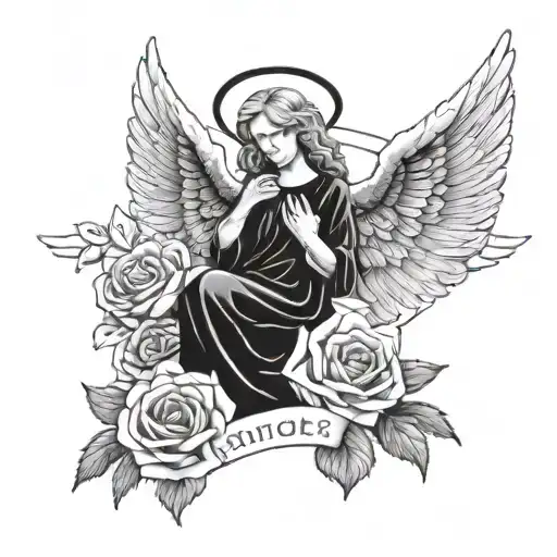 Angel with roses and grandparents names incorporated with in loving memory around the angel tattoo design idea