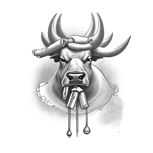 a bull with a cigar in his mouth a larkspur flower and a pearl in a shell full sleeve tattoo design idea