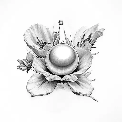 a bull, a larkspur flower and a pearl in a shell on a sleeve tattoo design idea