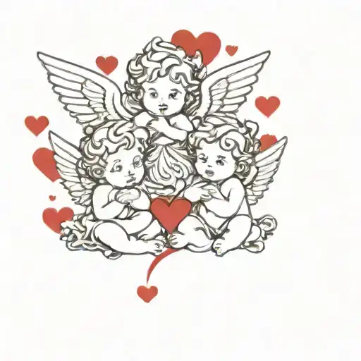 three cherub angel minimal detail together with a background of red airbrushed hearts  tattoo design idea