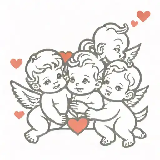 outline of 3 cherubs together with a background of red airbrushed hearts tattoo design idea