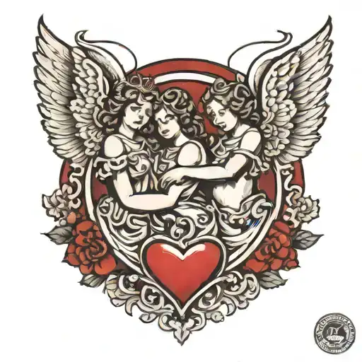 3 angels together with a background of red airbrushed hearts  tattoo design idea