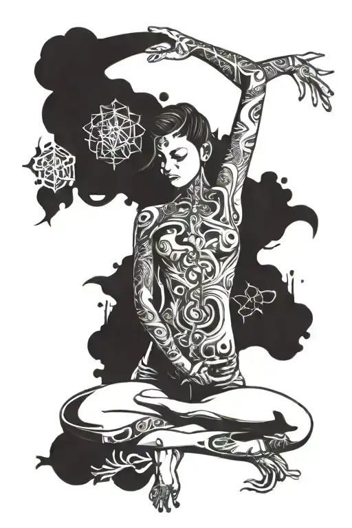 A stylized yoga pose incorporating elements of biotechnology tattoo design idea