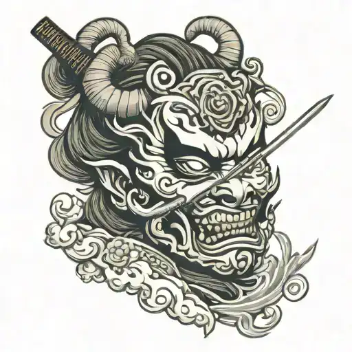 japenese oni mask with female geisha holding a katana tattoo design idea