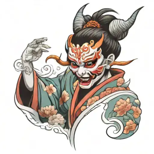 japenese oni mask with female geisha taking off the mask revealing a pretty girl tattoo design idea