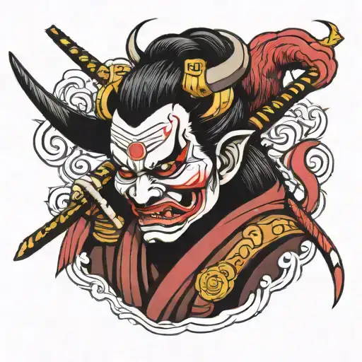 japenese oni mask with geisha holding a katana tattoo design idea
