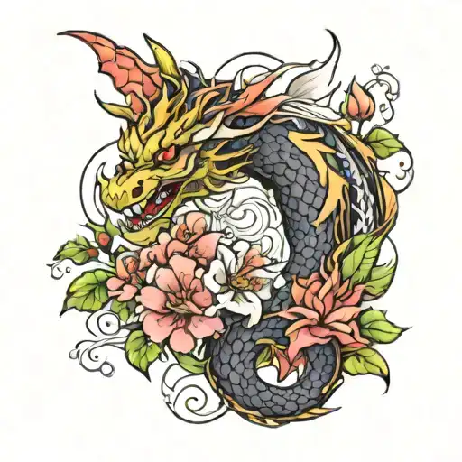 dragon and flowers growing tattoo design idea
