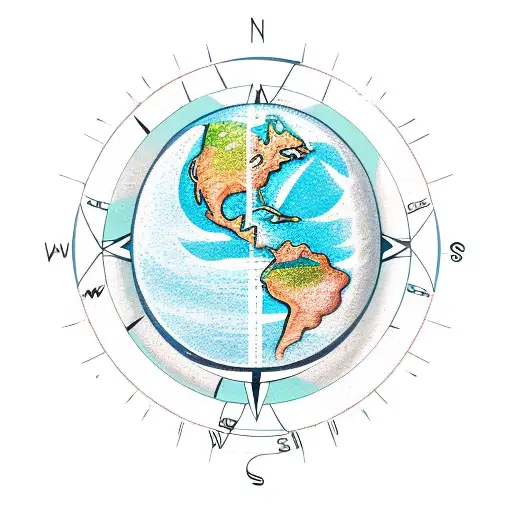 compass with surfboard, wave and earth globe tattoo design idea
