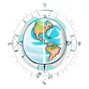 compass with surfboard, wave and earth globe tattoo design idea