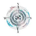 compass with surfboard, wave and earth globe tattoo design idea