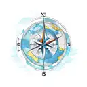 compass with surfboard, wave and earth globe tattoo design idea