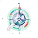 compass with surfboard, wave and earth globe tattoo design idea