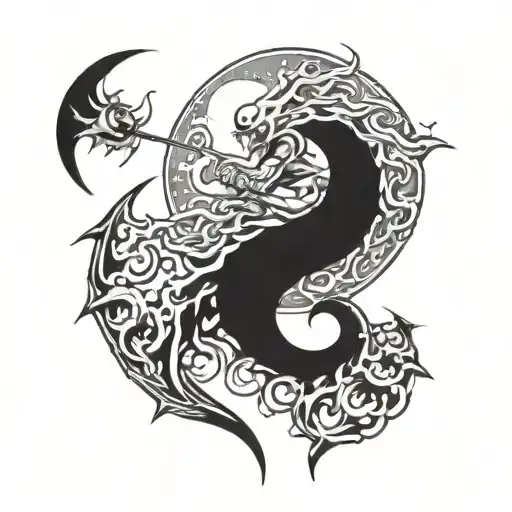 sea creature with trident in hand and moon in background tattoo design idea