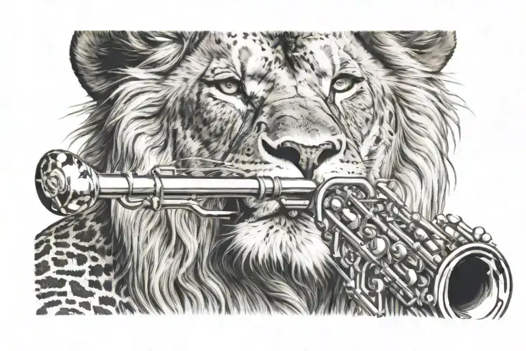 A realistic portrait of a lion playing a saxophone tattoo design idea